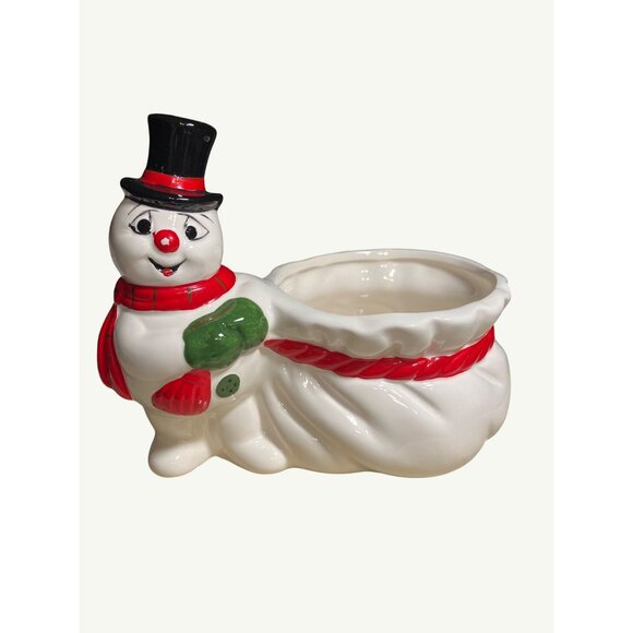 Vintage Christmas Snowman Ceramic Candy Dish Bowl  Planter Trinket Holder - Picture 1 of 13
